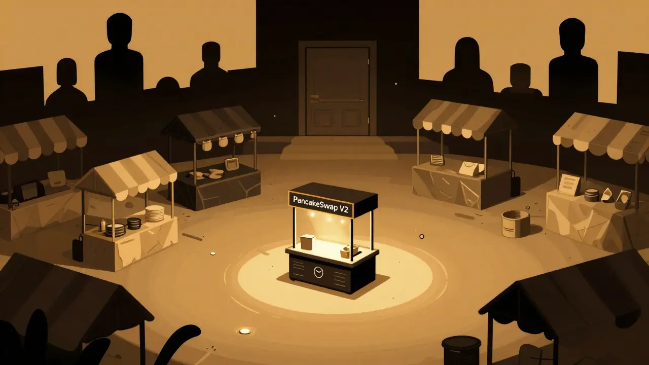 A lone kiosk for PancakeSwap V2 in an empty digital marketplace, with major exchanges closed in the distance.