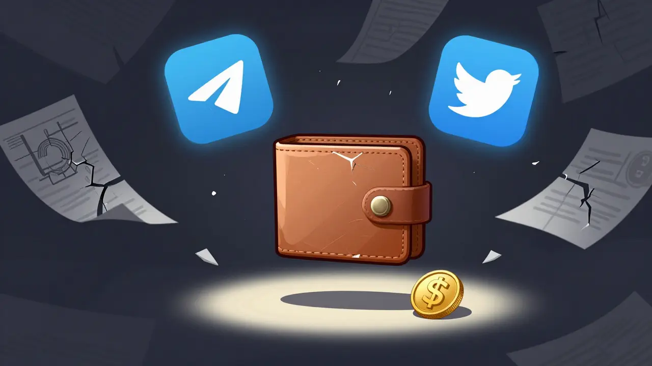 A lone wallet in void with fading social media icons and a worthless token on ground.