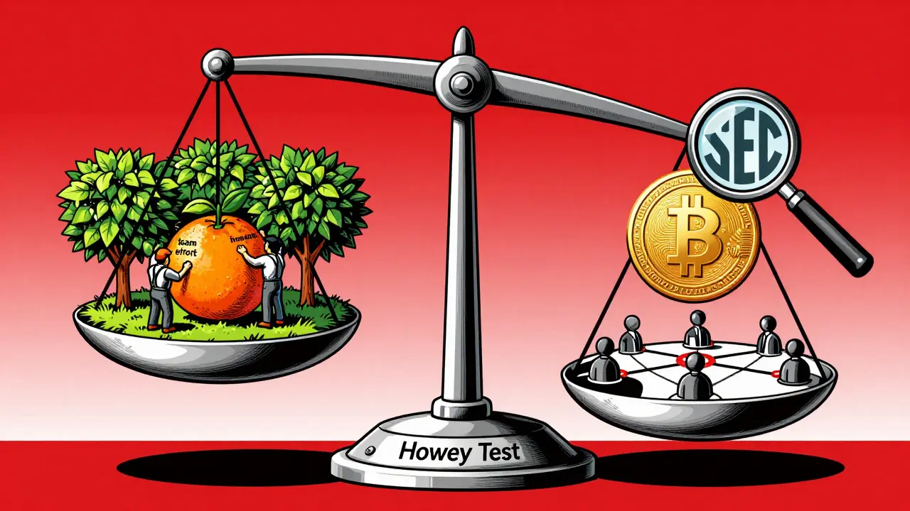 A mechanical scale balances an orange grove against a crypto token, with an SEC magnifying glass inspecting the weight.