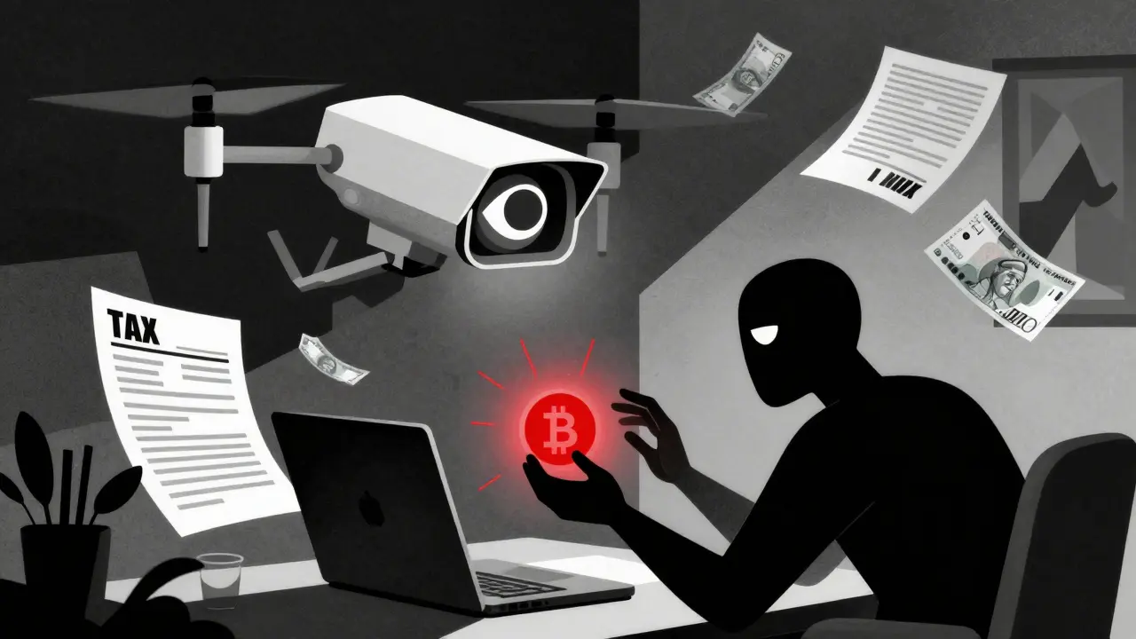 A person transfers crypto at home as a surveillance drone with blockchain eyes watches closely.