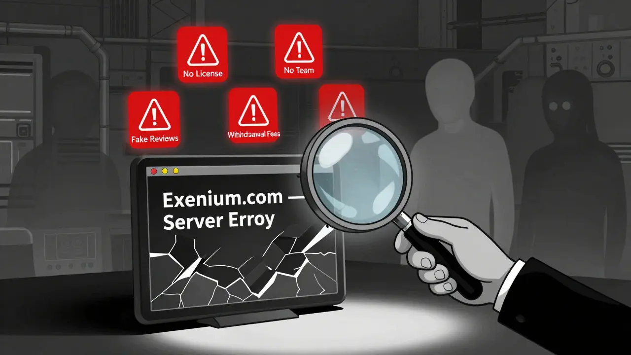 A person using a magnifying glass over a broken 'Exenium.com' screen, surrounded by floating red warning icons in an industrial setting.