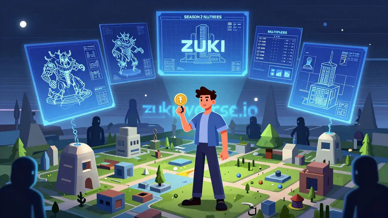 A player holds a ZUKI token as Metaverse land builds around them, with official URL on the horizon.
