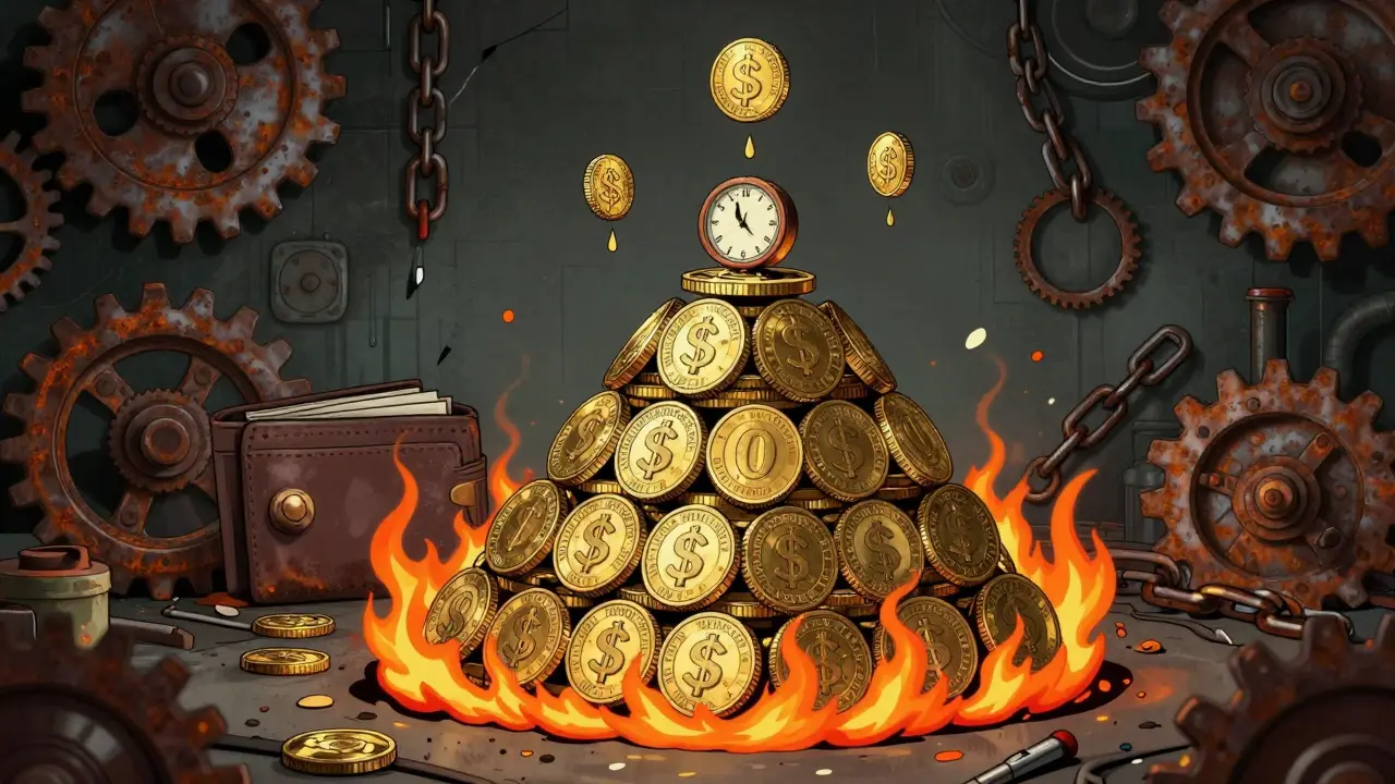 A pyramid of TRIX tokens crumbles as gas fees burn the base, with microscopic BICS rewards dripping uselessly from the top.