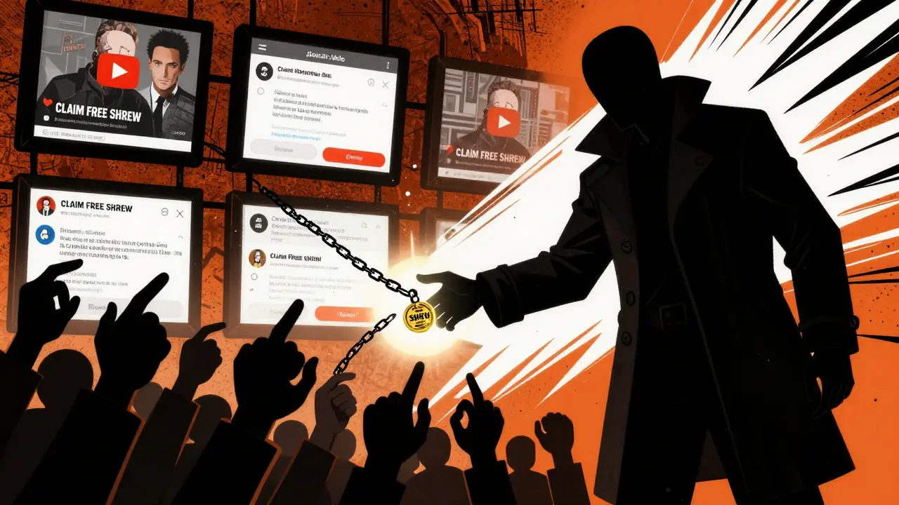 A shadowy figure gives a SHREW token that turns to chains, while fake airdrop scams glow on screens behind.