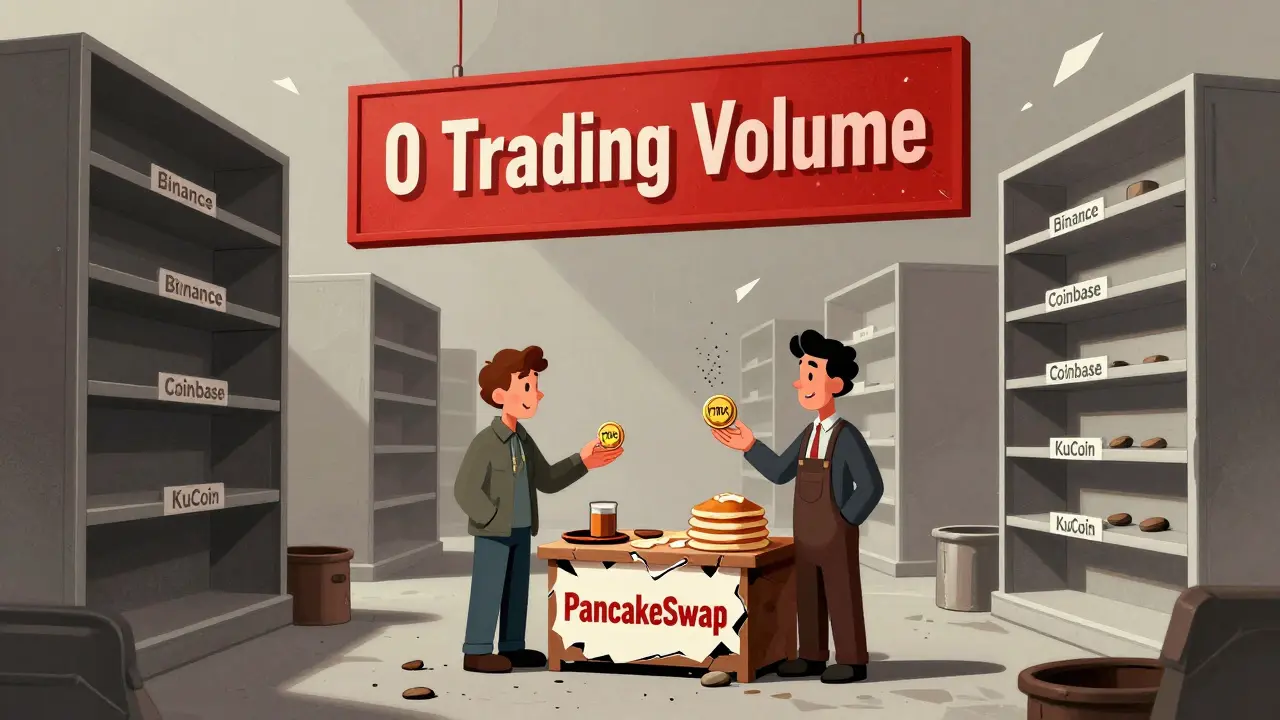 A solitary trader at a broken PancakeSwap stall holds a tiny TRIX token, surrounded by empty exchange shelves and a '0 Trading Volume' sign.