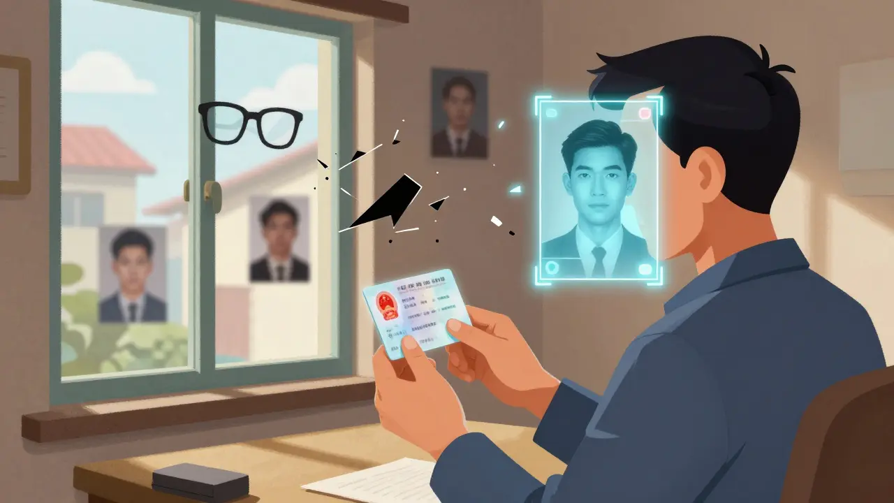 A trader doing KYC verification by a window, holding an ID card as digital recognition overlays appear.