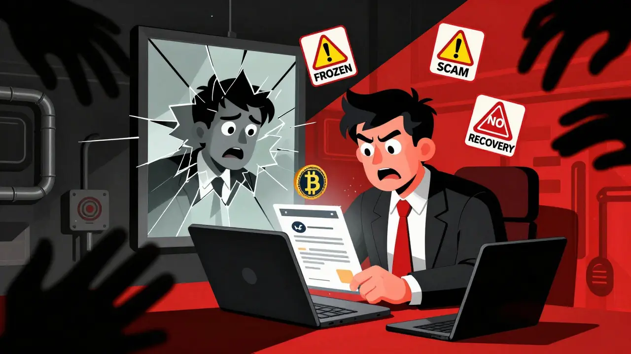 A trader falling for a scam as ghostly hands freeze their bank account, surrounded by warning icons and a cracked mirror reflection.