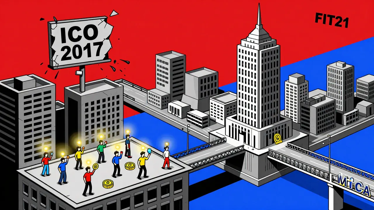 A two-tiered city shows utility users below and security investors above, connected by a bridge labeled 'MiCA'.