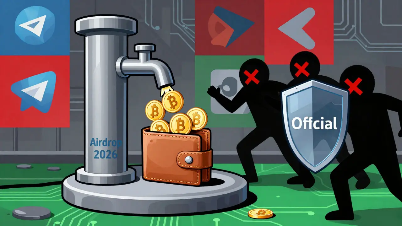 A wallet receiving BUNI tokens from a faucet while scam figures are rejected by an official shield.