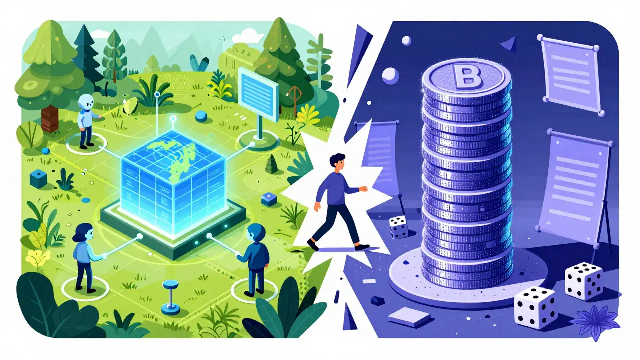 Contrasting real AI utility vs. hollow BERRY speculation in angular art style