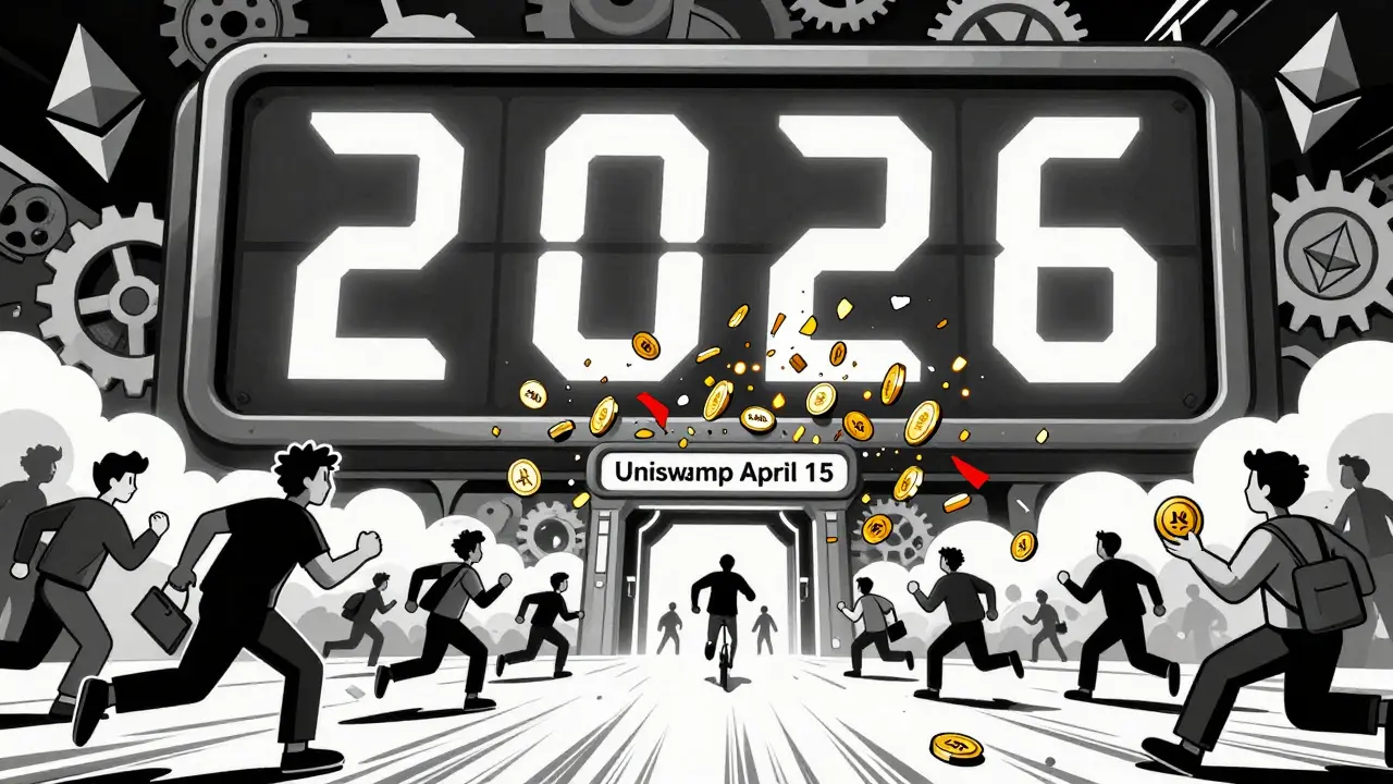 Countdown clock to March 31, 2026, with LARIX tokens falling as people rush toward Uniswap portal.