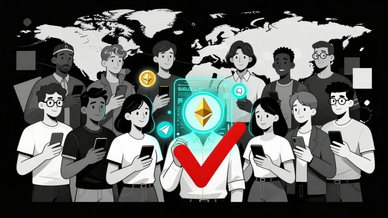 Diverse users receiving BUNI token notifications on phones, surrounded by digital chain links and geometric shapes.