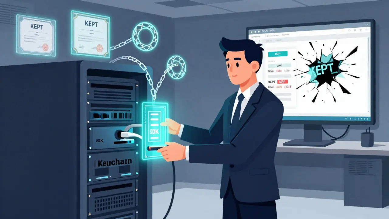 Engineers integrating Keychain SDK while fake crypto scams shatter in the background