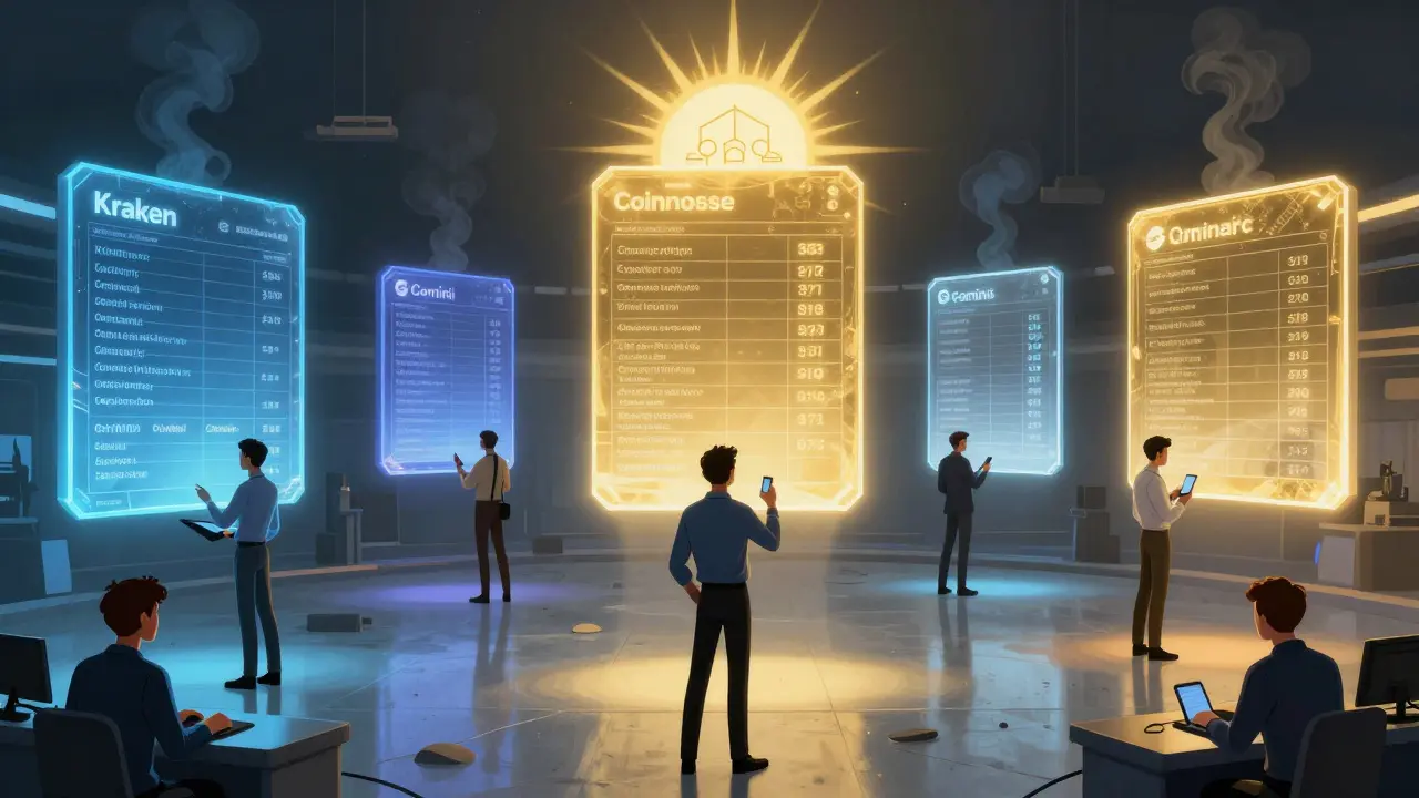 Holographic crypto order books glowing above a futuristic trading floor, with Kraken, Coinbase, and Gemini highlighted.