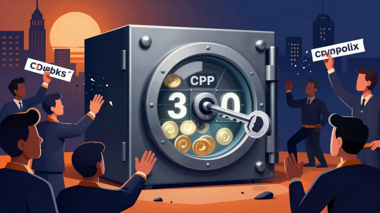 Locked vault with CPO tokens and 30-day timer, crowd reaching toward it while fake links disintegrate.