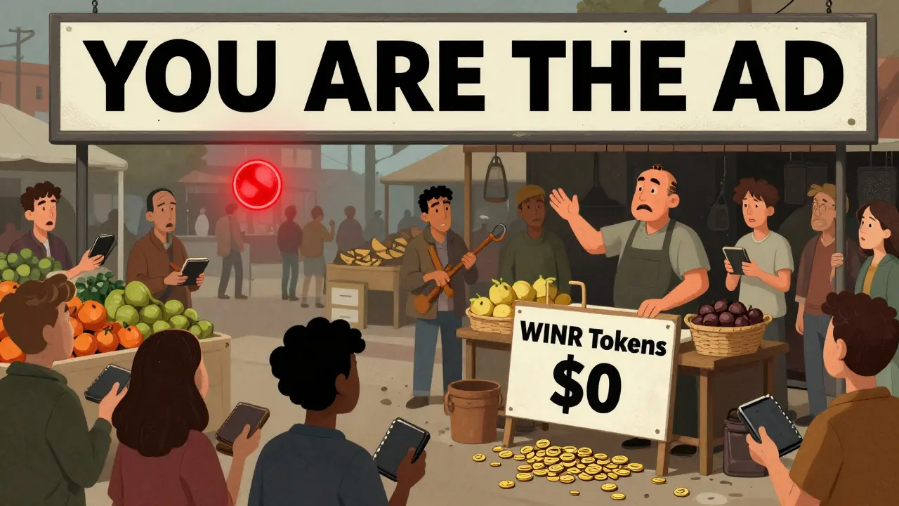 Marketplace where people trade real goods, but WINR tokens sit worthless on a table labeled 'WORTH <h2>What Should You Do Instead?</h2>'.