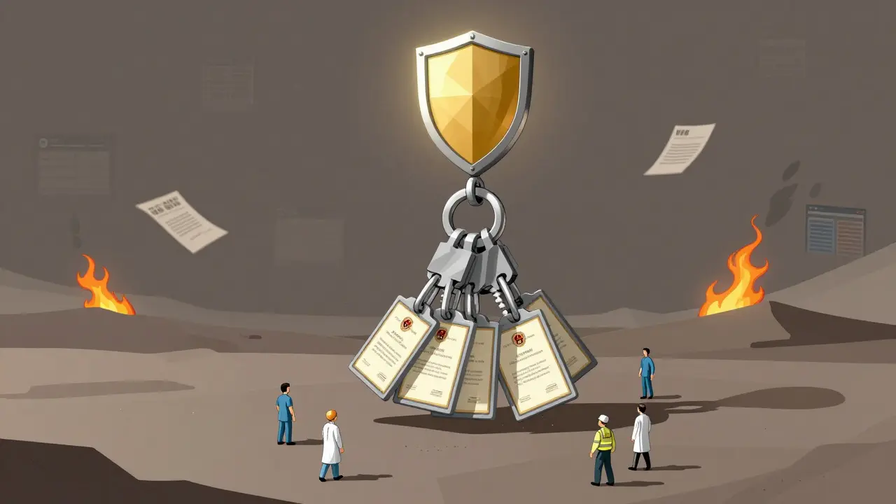 Monumental keychain structure anchoring digital certificates under quantum shield in industrial landscape