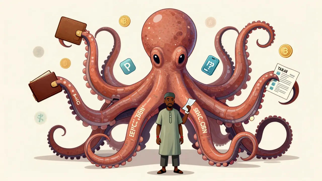 Multi-limbed regulatory octopus controlling crypto elements while a calm citizen holds a receipt in the center.