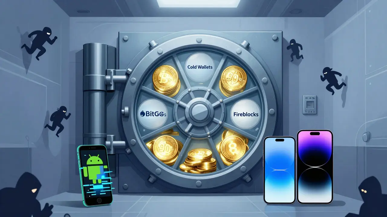 Secure hexagon vault with crypto coins inside, hackers bouncing off walls, Android phone glitching beside stable iOS device.