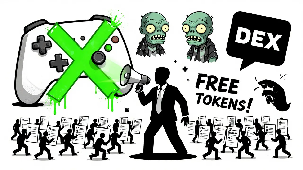 Shadowy figure with blockchain suit promoting free tokens while participants scramble.