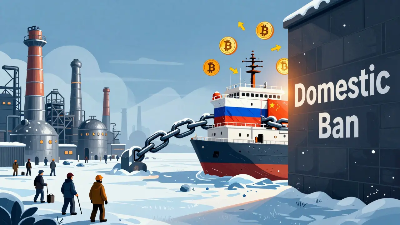 Siberian miners send crypto abroad via ship while a wall separates domestic ban from international trade.