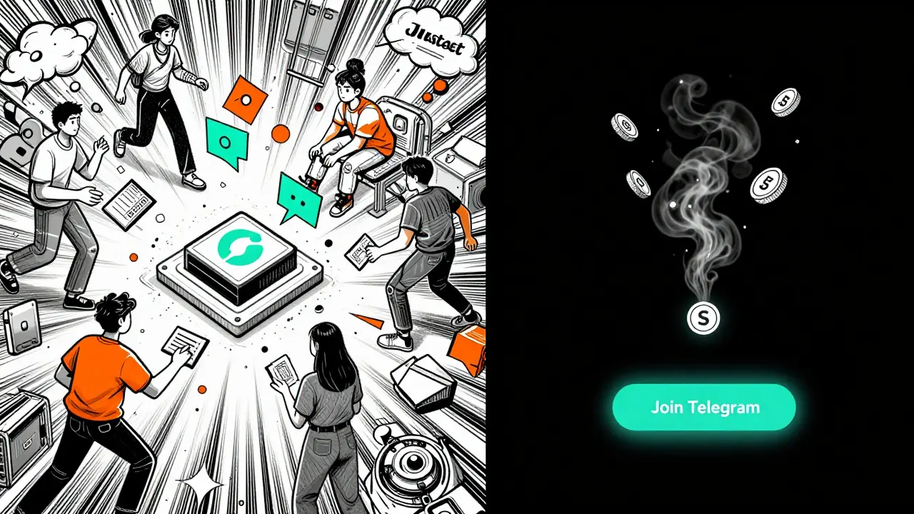 Split scene: active Solana DeFi users on one side, empty JustBet platform with evaporating tokens on the other.