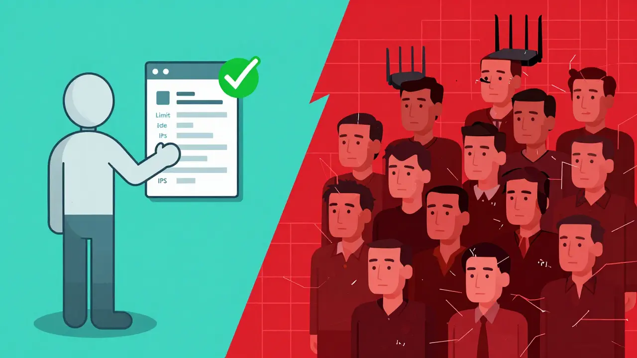 Split scene: calm human trader vs. chaotic bot swarm using compromised IPs, symbolizing ethical trading choices.
