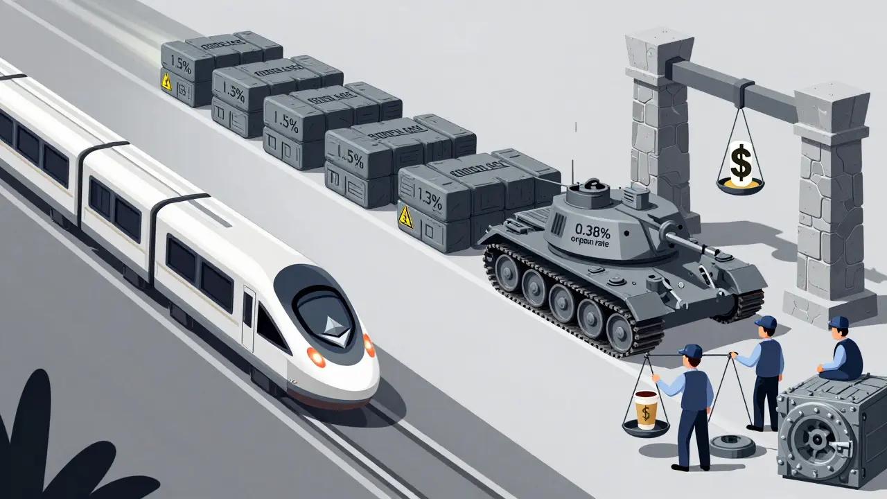 Split scene: fast Ethereum blocks vs. slow Bitcoin blocks, with a scale balancing coffee and a vault.