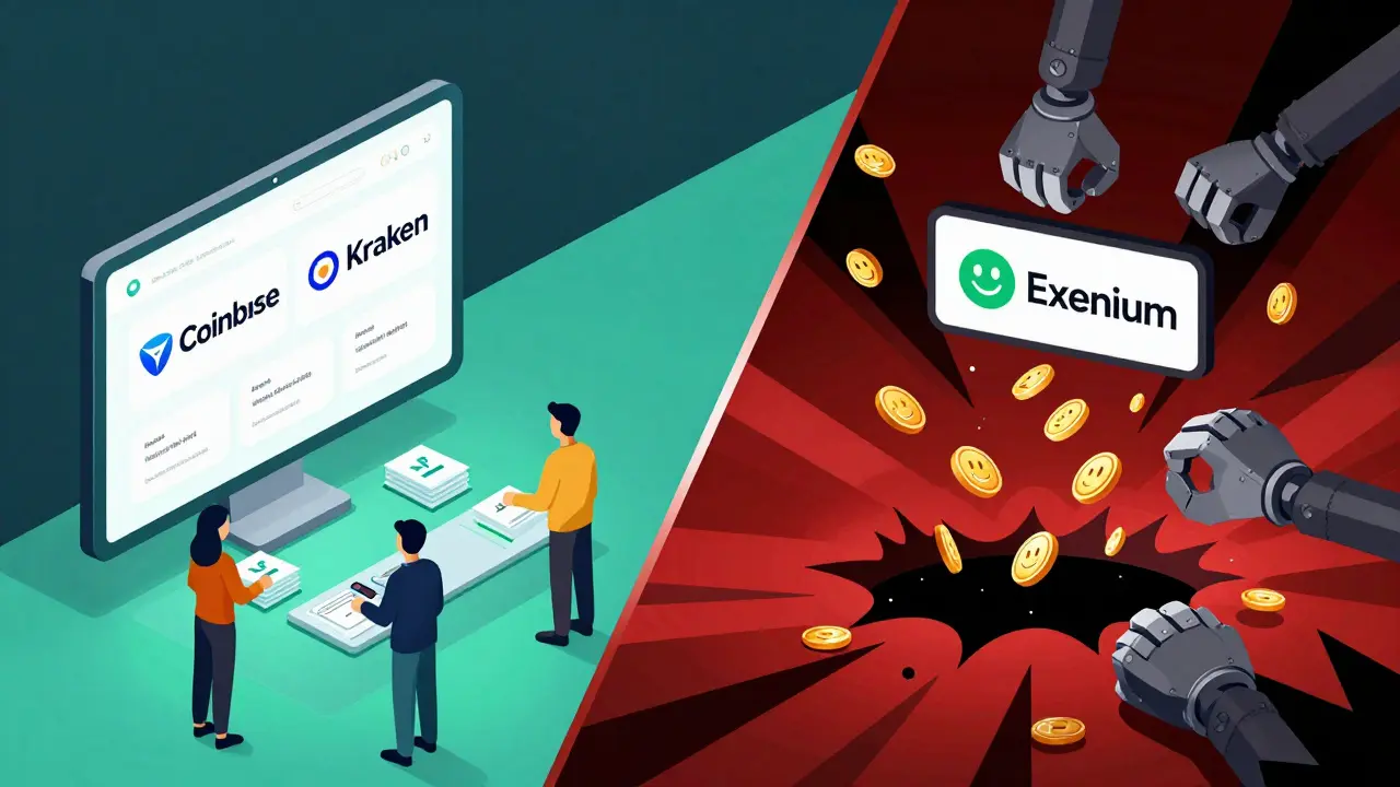 Split scene: legitimate exchanges on one side, Exenium scam on the other, with coins vanishing into a black hole and distorted visuals.