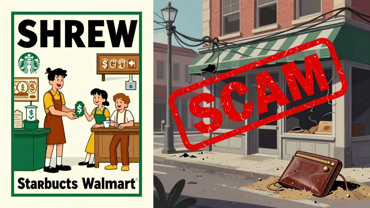 Split scene: optimistic SHREW poster on left, decayed reality on right with a giant 'SCAM' stamp crossing both.