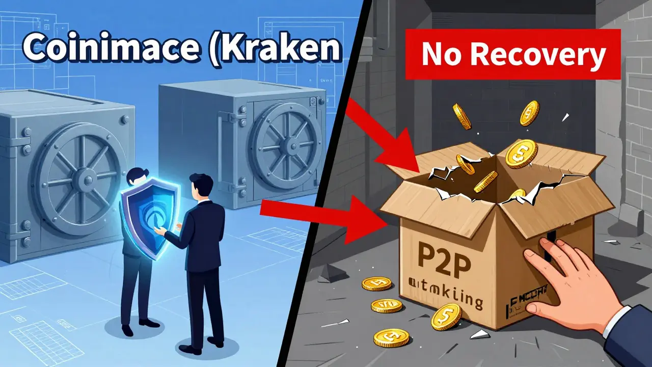 Split scene: regulated exchange with vaults vs. FMCPAY as a crumbling box losing coins.