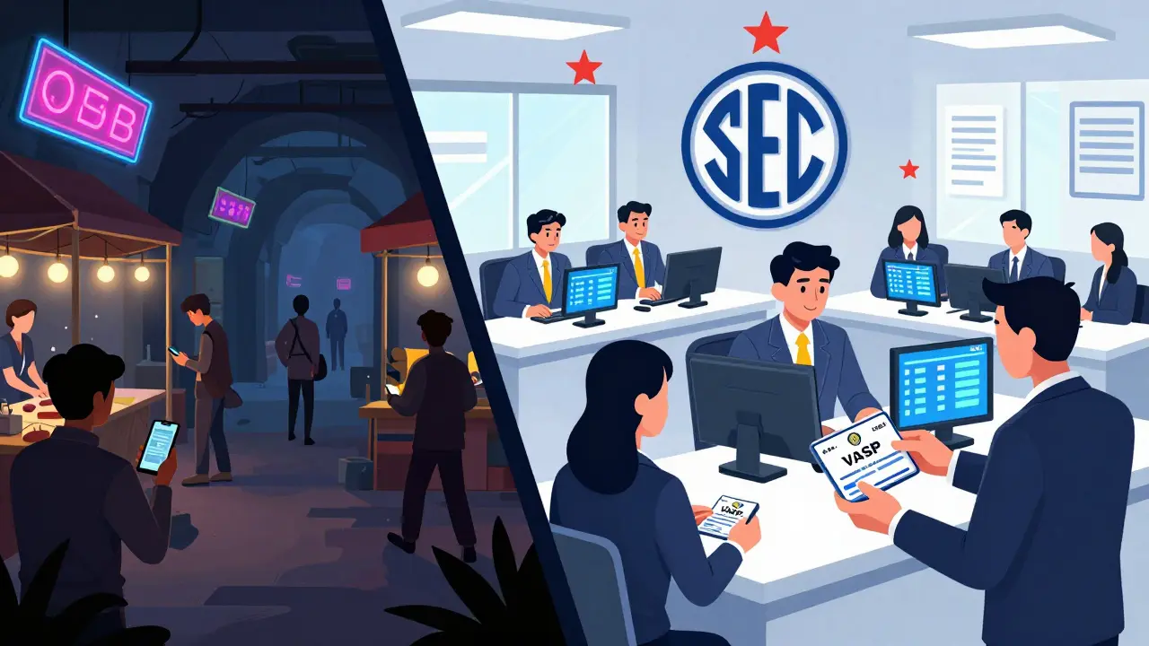 Split scene: underground crypto trading vs. licensed offices with SEC badges and glowing digital ledgers.