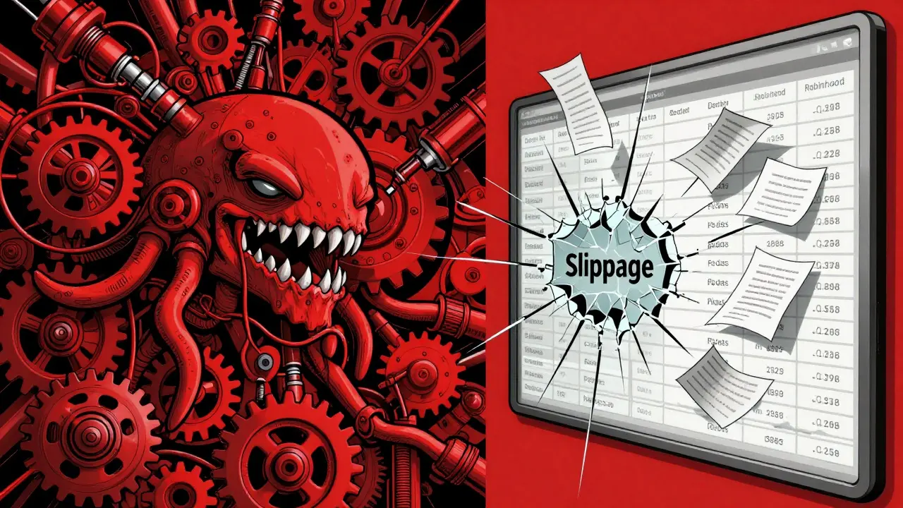 Split view: dense mechanical order book vs fragile paper orders shattering, showing depth versus slippage.