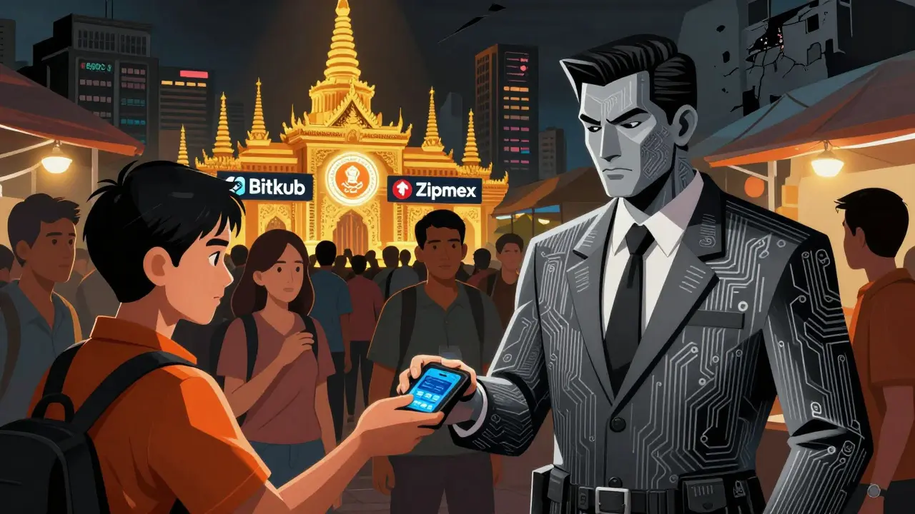 Thai users hand digital wallets to an SEC official while licensed exchanges glow in the background.