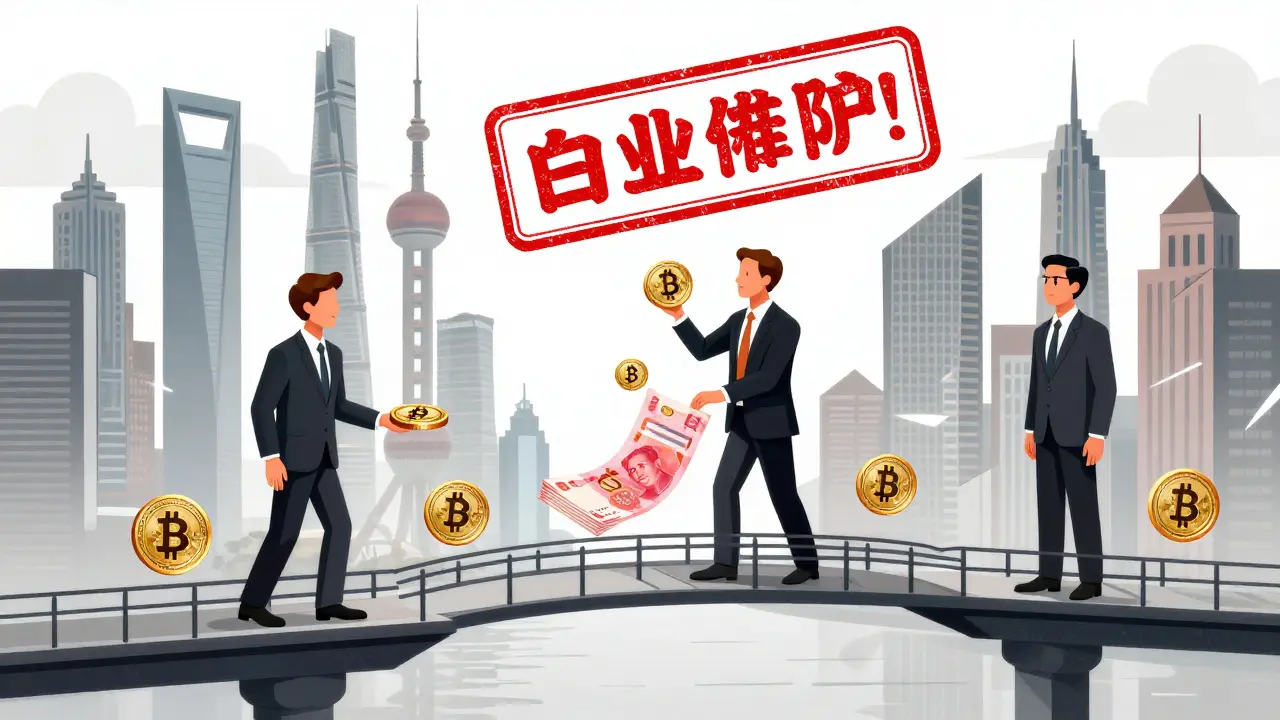 Three figures exchanging crypto for cash through a floating USDT bridge, with cityscapes sliced by geometric Constructivist lines.