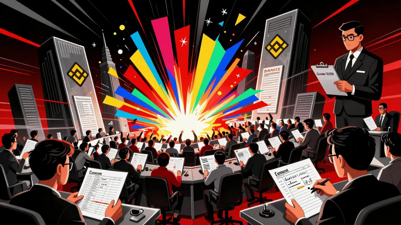 Traders monitoring futures markets with geometric price waves, using ledgers while government oversight looms above.