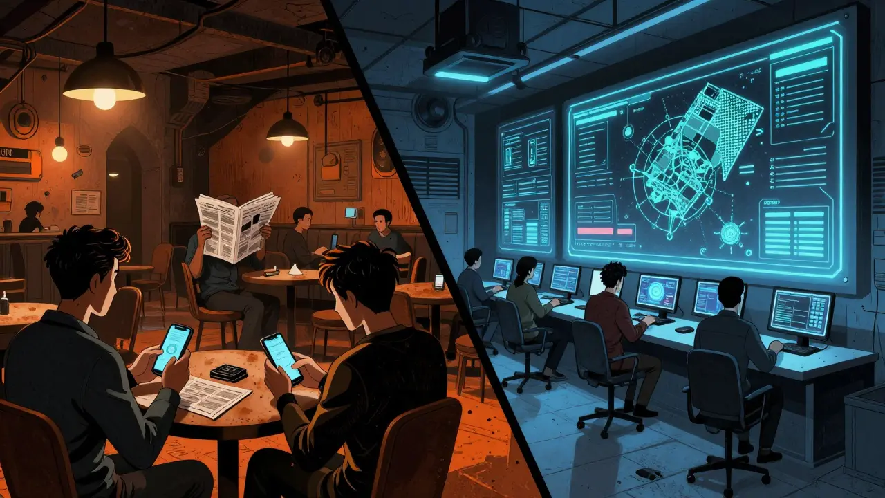 Underground crypto trade in a café contrasted with a government surveillance center.