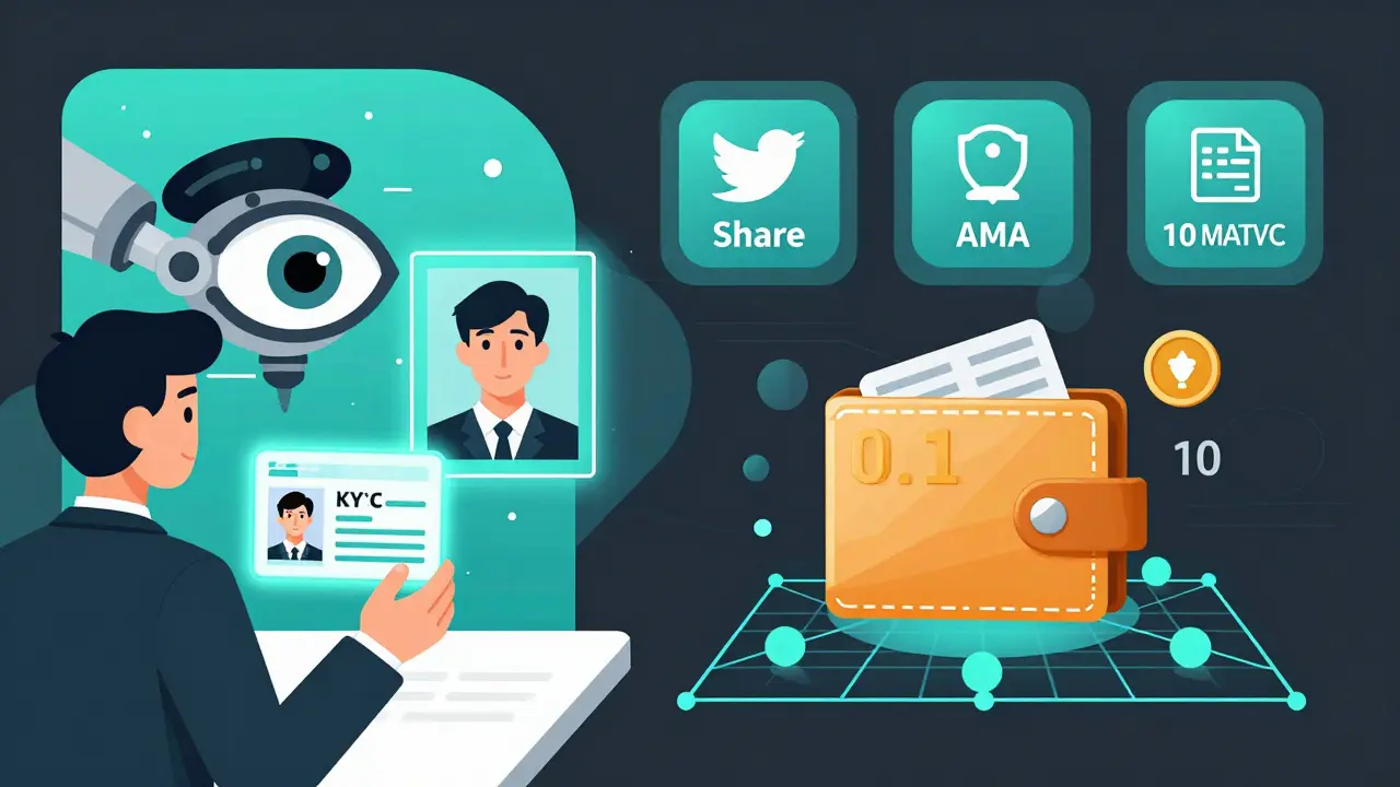 User completing KYC with glowing ID and wallet holding ETH and MATIC, surrounded by community task icons.