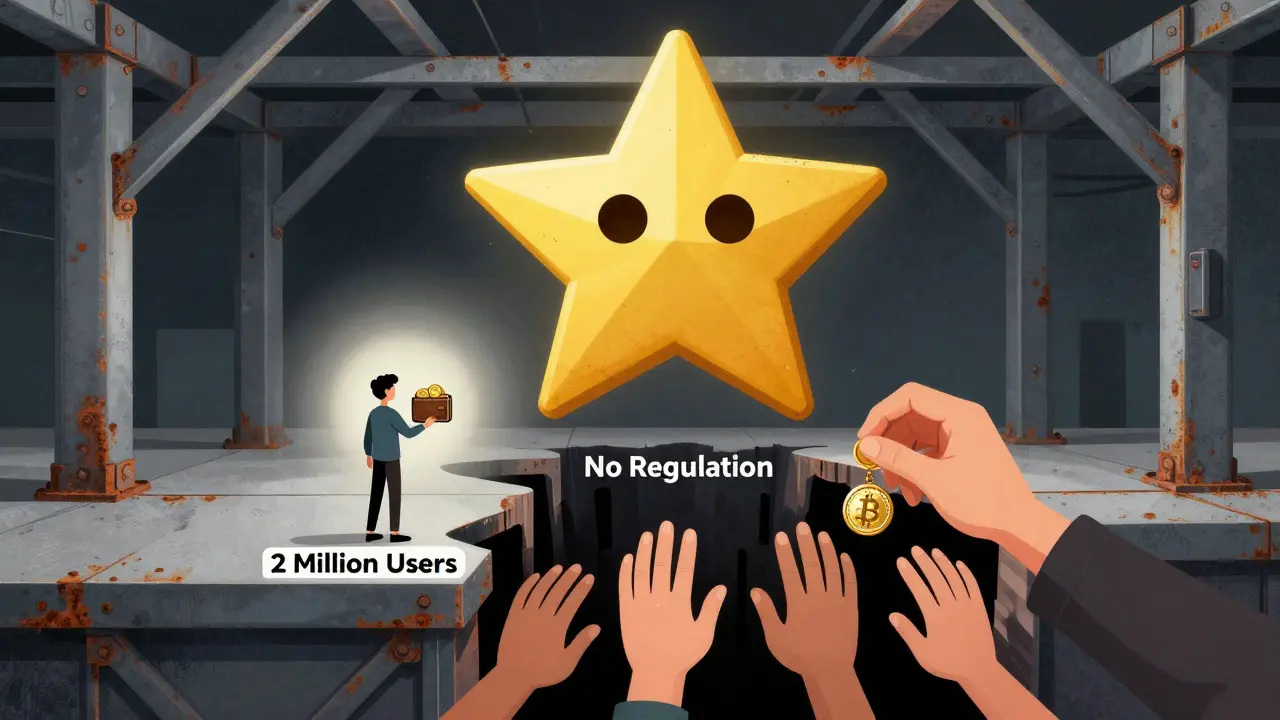 User on fragile platform under a hollow Trustpilot star, falling into a regulatory chasm.