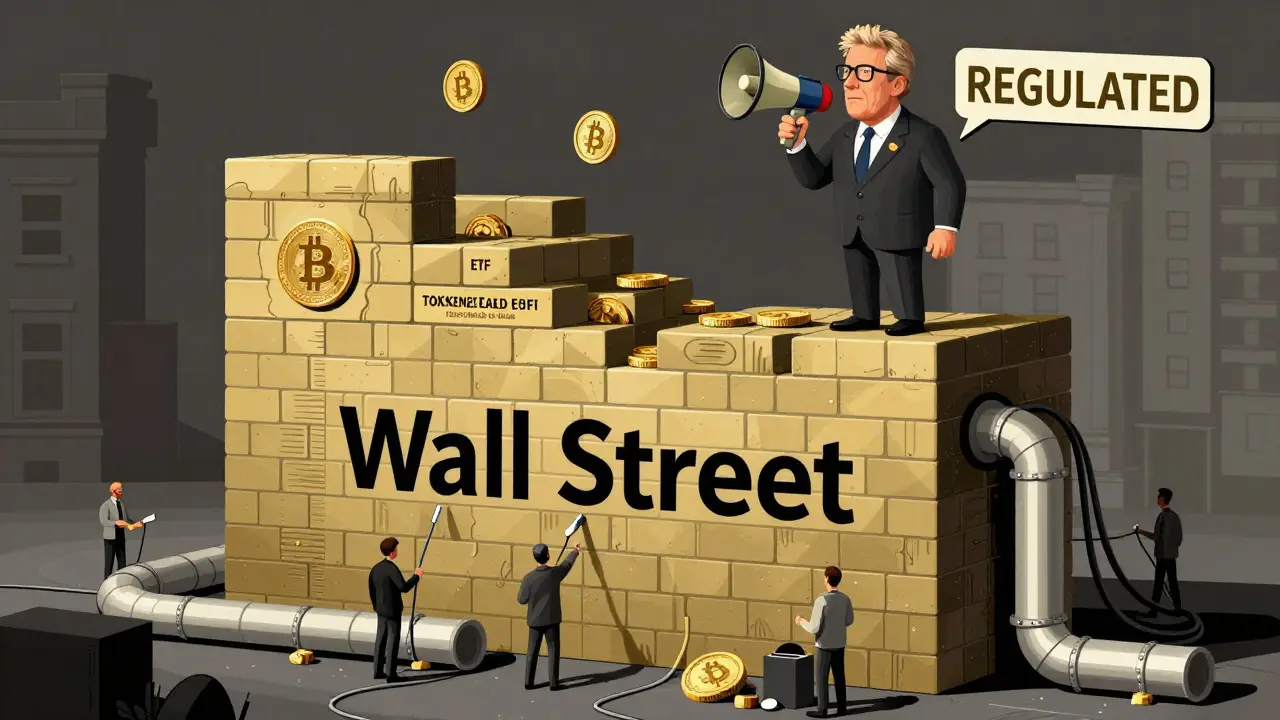 Wall Street wall being rebuilt with ETFs and tokenized assets, Jamie Dimon overseeing the transformation.