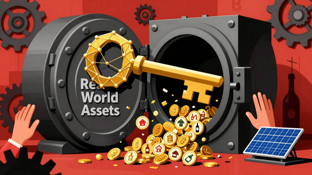 A blockchain key unlocking a vault spilling tokens of real assets like oil, wine, and solar panels.