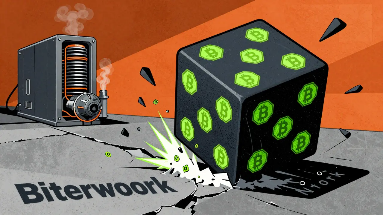 A giant digital die rolling at high speed, shattered hashes exploding into zero-filled hex codes.