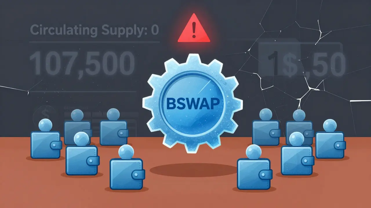 A hollow BSWAP token gear surrounded by 107,500 static wallet icons, with a 'Circulating Supply: 0' warning.