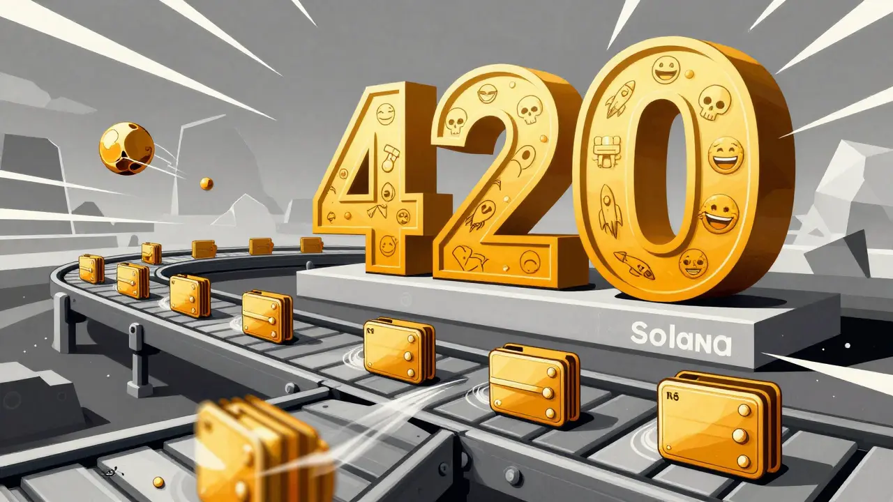 A massive 420-billion NITRO token monument looms over a fast-moving Solana blockchain conveyor belt of traders and memes.