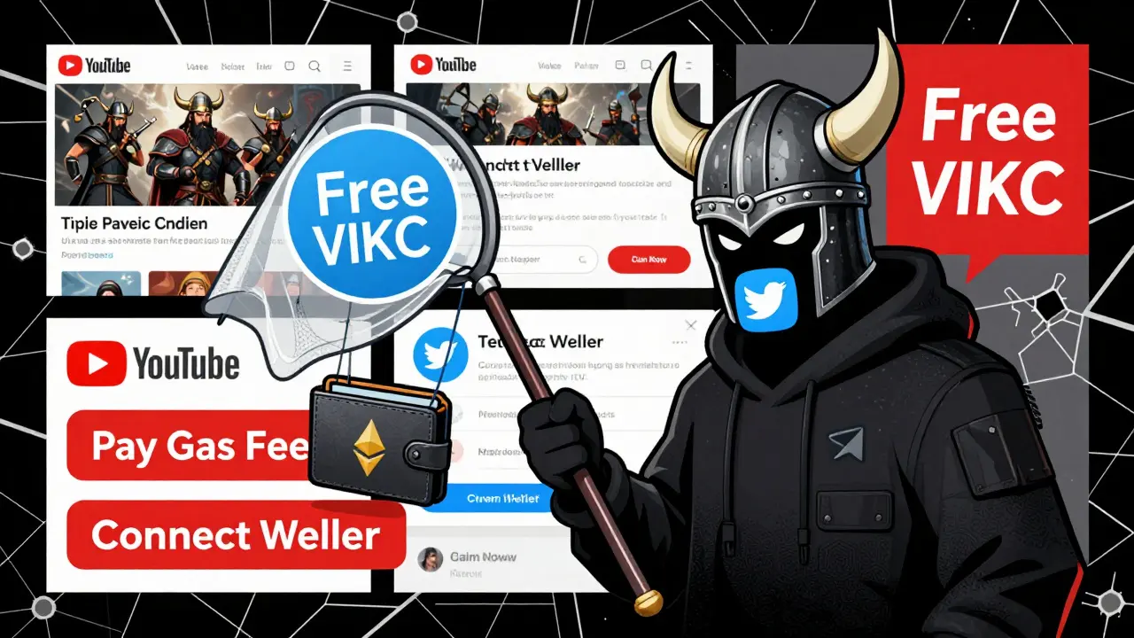 A scammer in a helmet of fake social media logos trapping a wallet with a 'Free VIKC' net, surrounded by fake websites and warning signs.