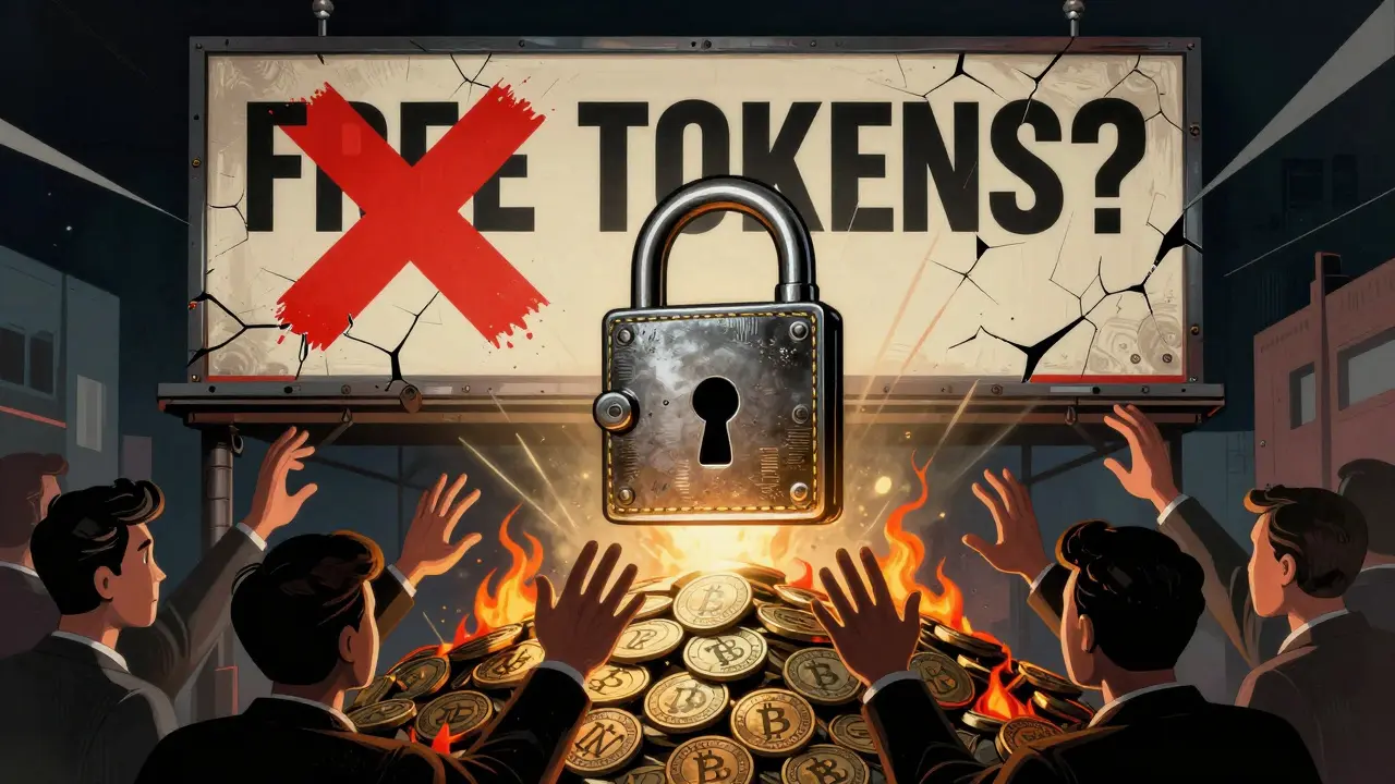 A secure wallet atop burning fake KALA tokens, with a giant 'FREE TOKENS?' billboard marked by a red X.