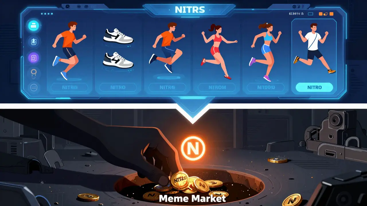 A split scene: users earning NFT gear through fitness on one side, while anonymous sellers dump NITRO tokens into a void on the other.