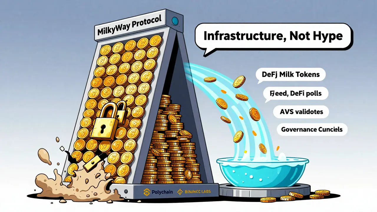 A towering protocol structure transforming locked coins into multi-use tokens feeding into DeFi and restaking systems.