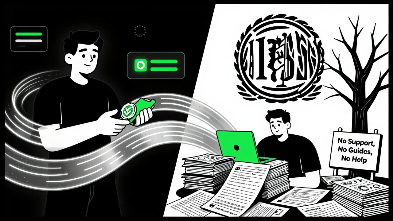 A user swapping tokens on one side, overwhelmed by tax documents and a looming IRS symbol on the other.