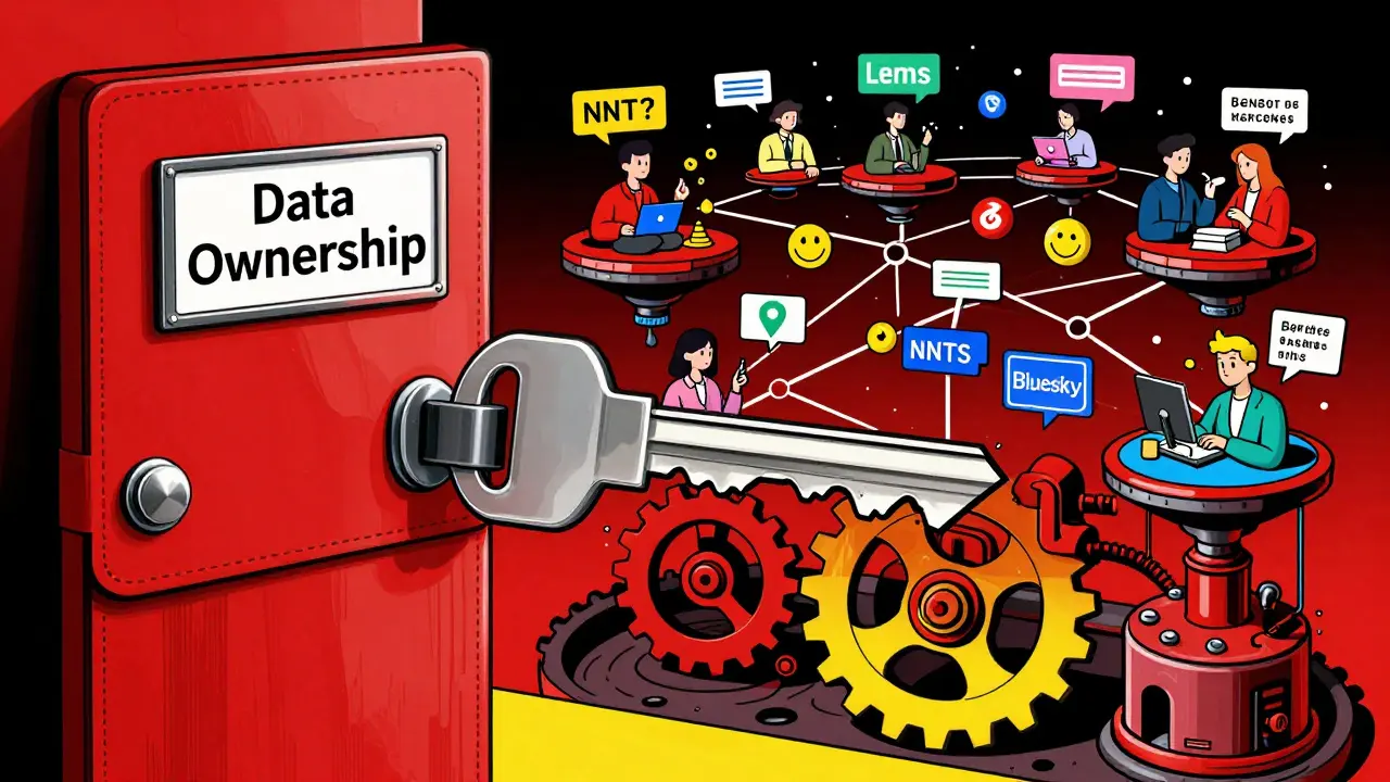 A wallet key unlocks a door to a decentralized social network of users exchanging tokens and messages.